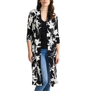 Joseph Ribkoff Black and White Floral LDS Cover Up Size 10 Kimono Cardigan